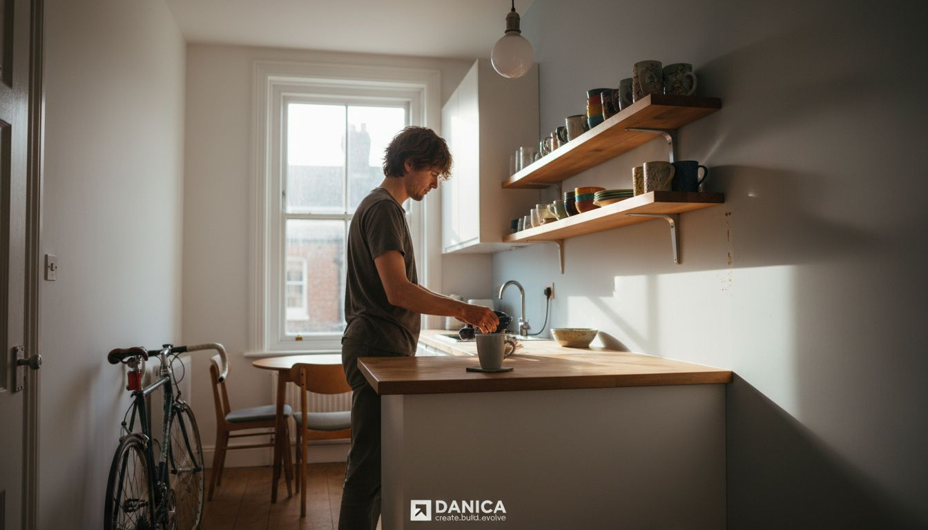 Tenant tidying stylish compact kitchen