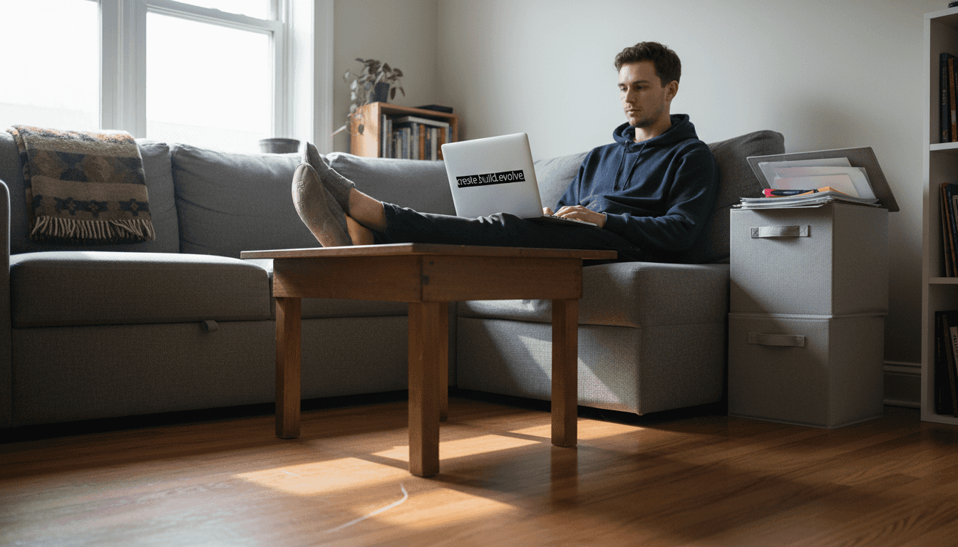 Young man using modular sofa in rental apartment