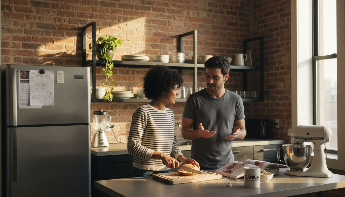 Couple using modular kitchen in city apartment