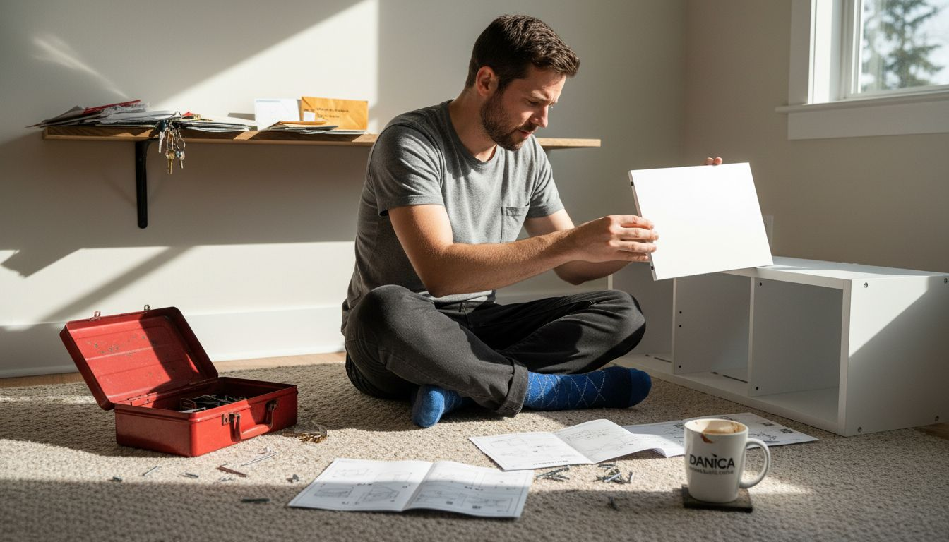 Man assembling modular storage cubes in living room