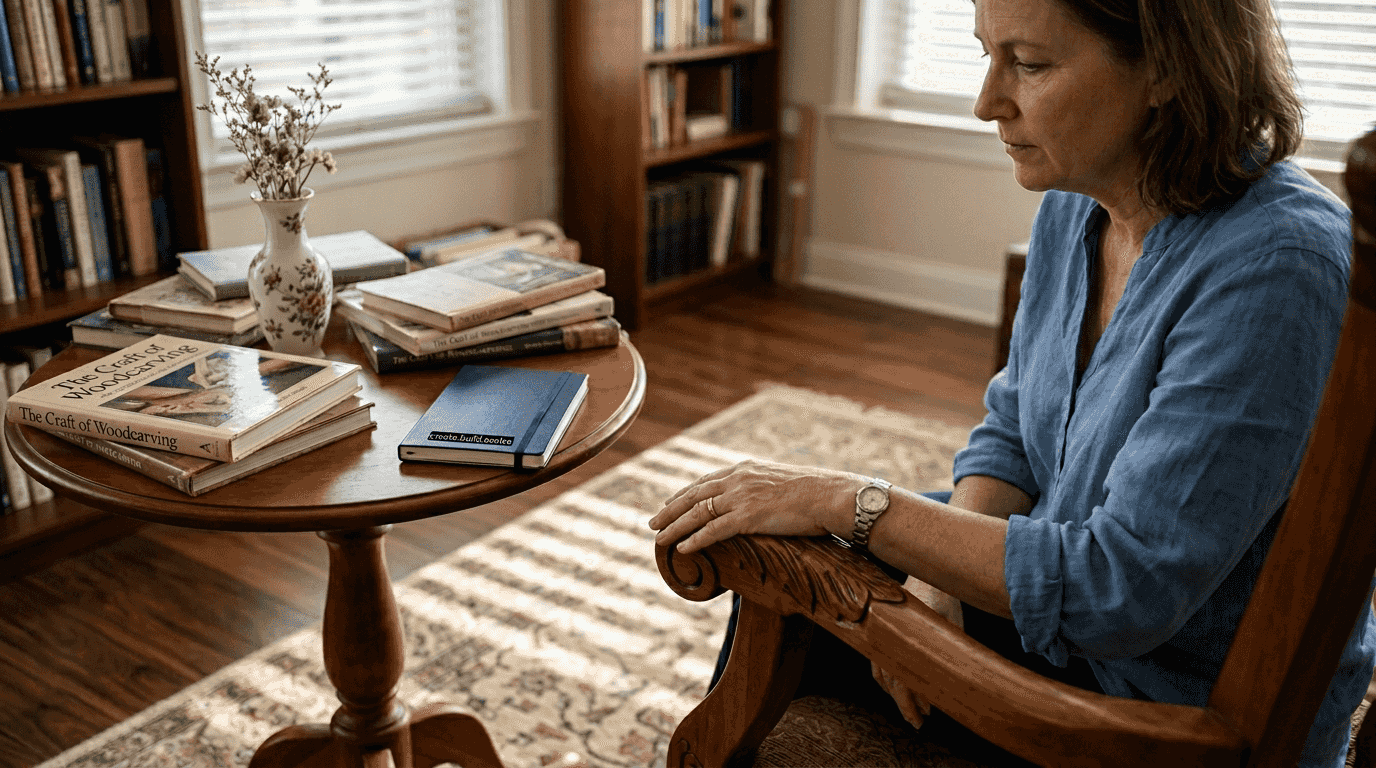 Woman touches carved cherry wood armchair