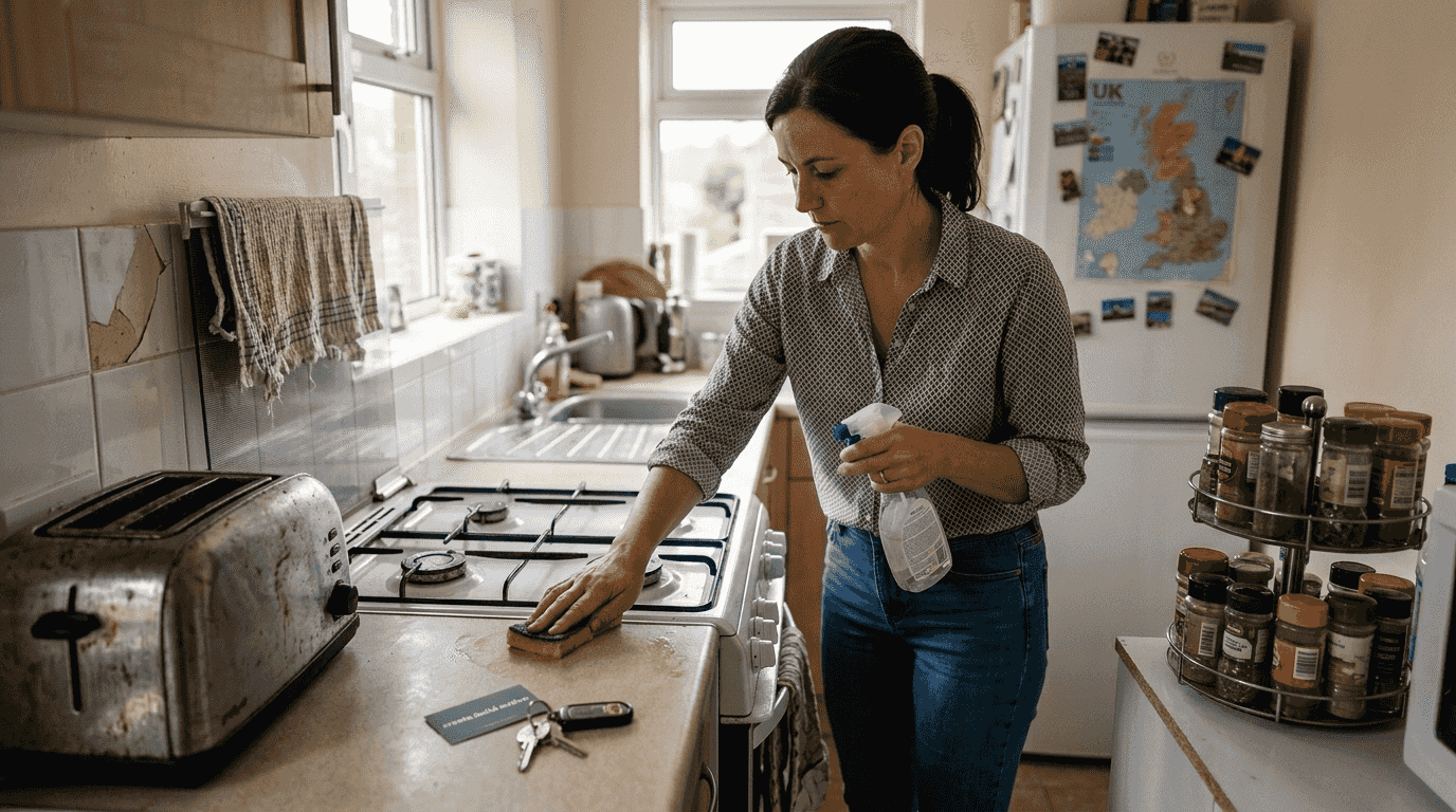 Landlord preparing kitchen counter for showing