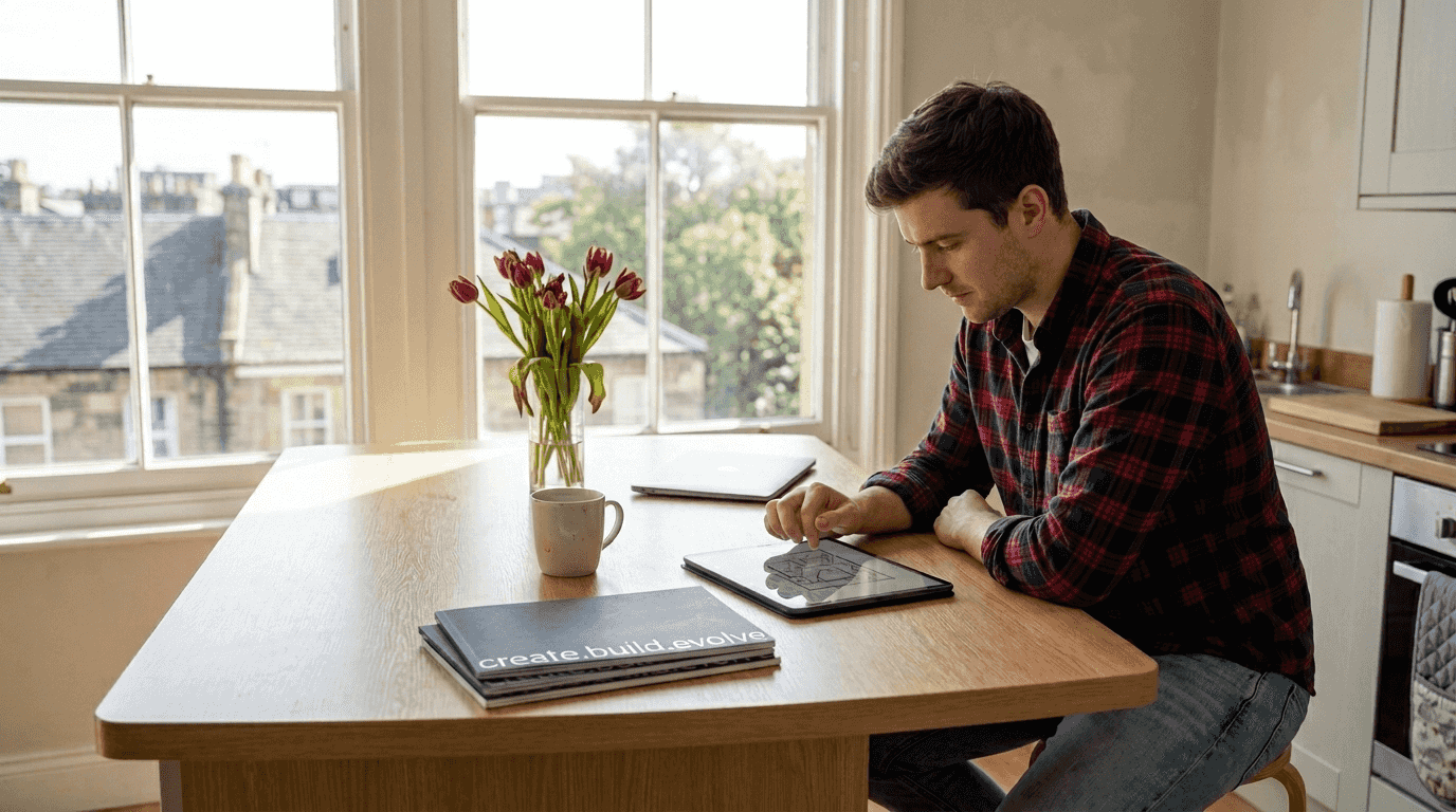 Owner viewing 3D apartment layout on tablet