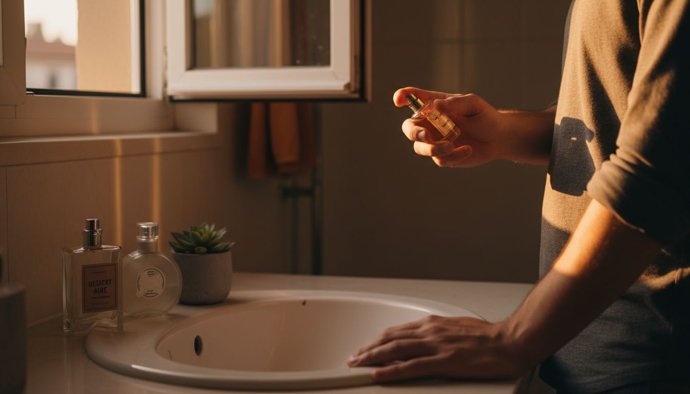 Man applying layered perfume in bathroom