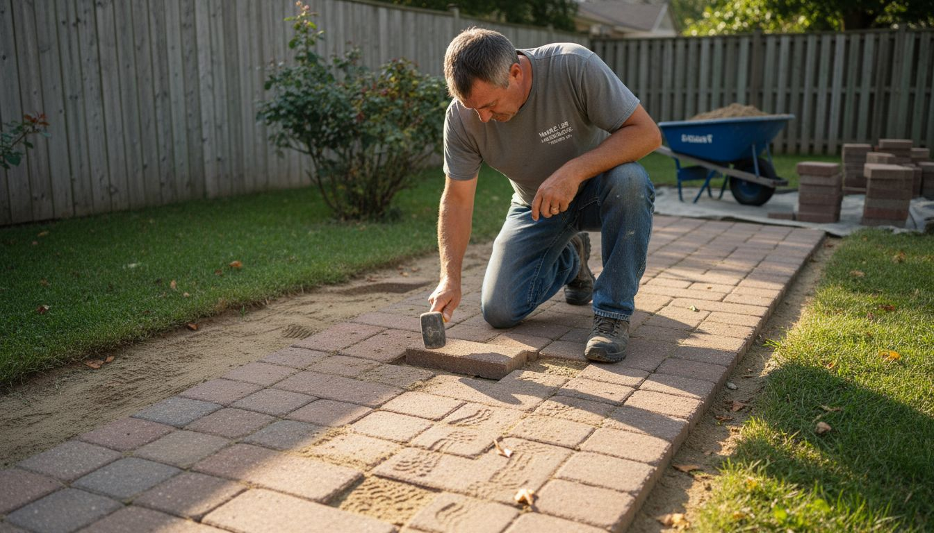 Contractor installing interlocking walkway in backyard