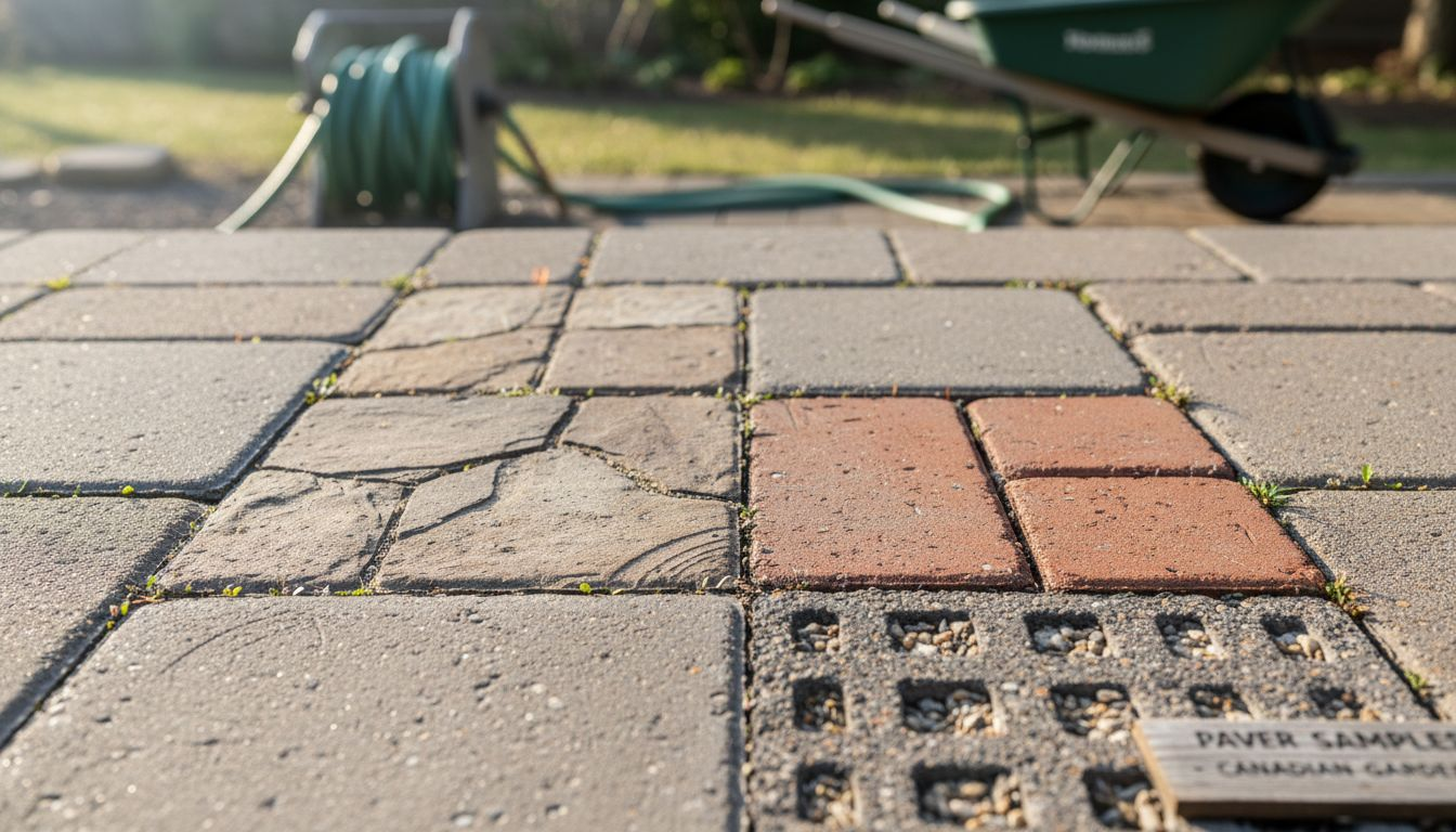 Four types of interlocking pavers close up