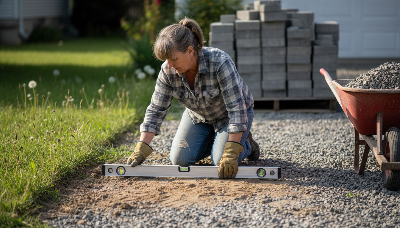 Homeowner leveling driveway site for pavers