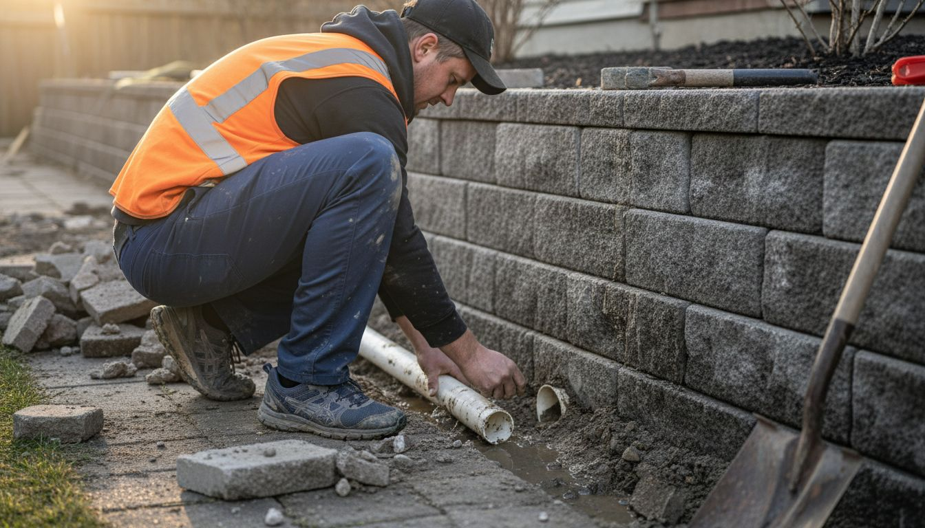 工人在现场铺设挡土墙的排水设施，确保墙体结构安全稳固，排水畅通。