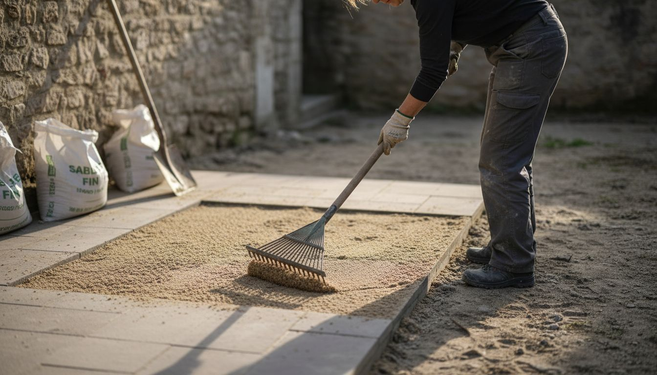Une femme étale du sable pour préparer la pose des pavés.