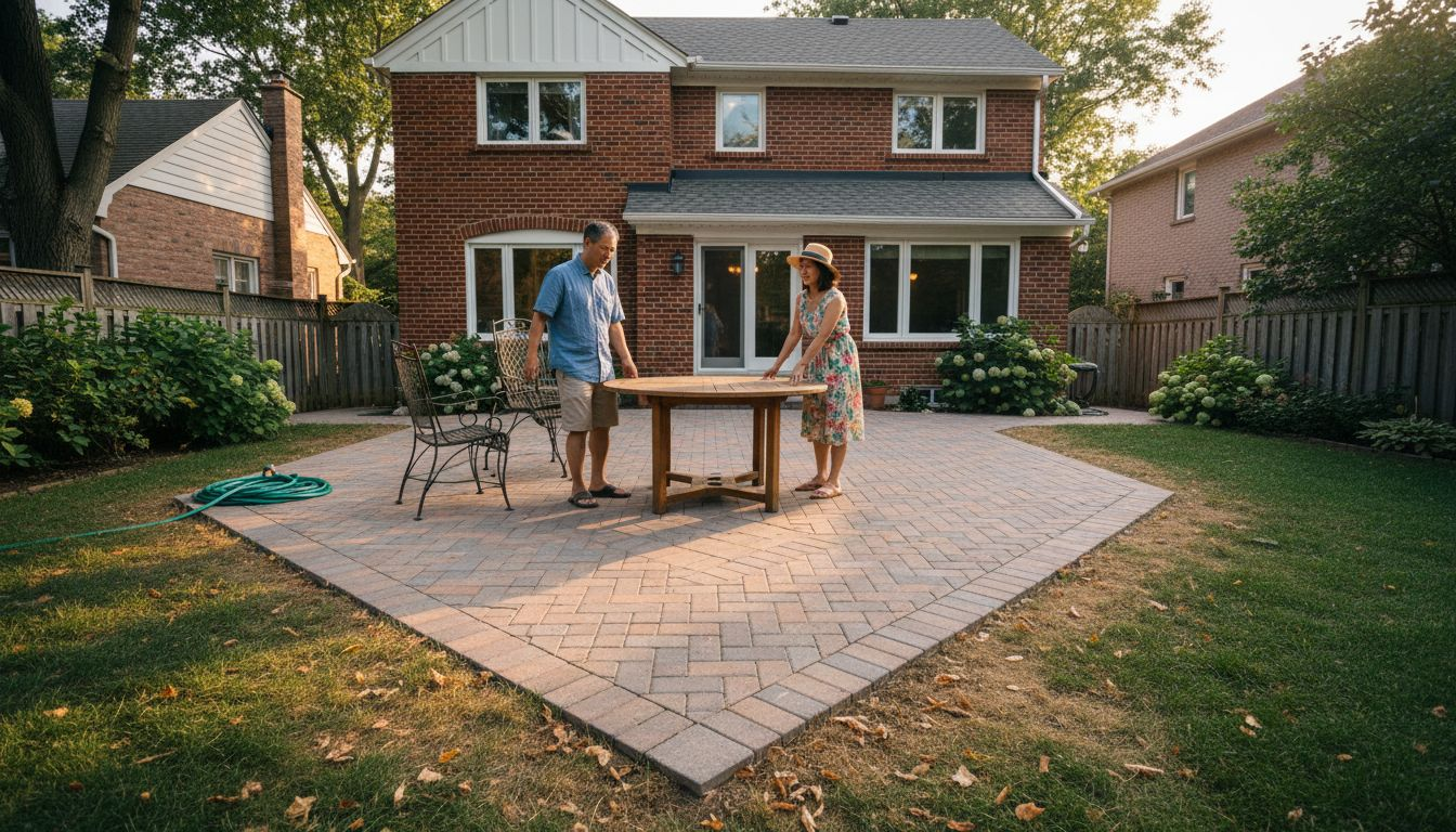 一对夫妻正在Etobicoke的家中院子里摆放家具，砖砌的露台上洋溢着温馨与生活气息。