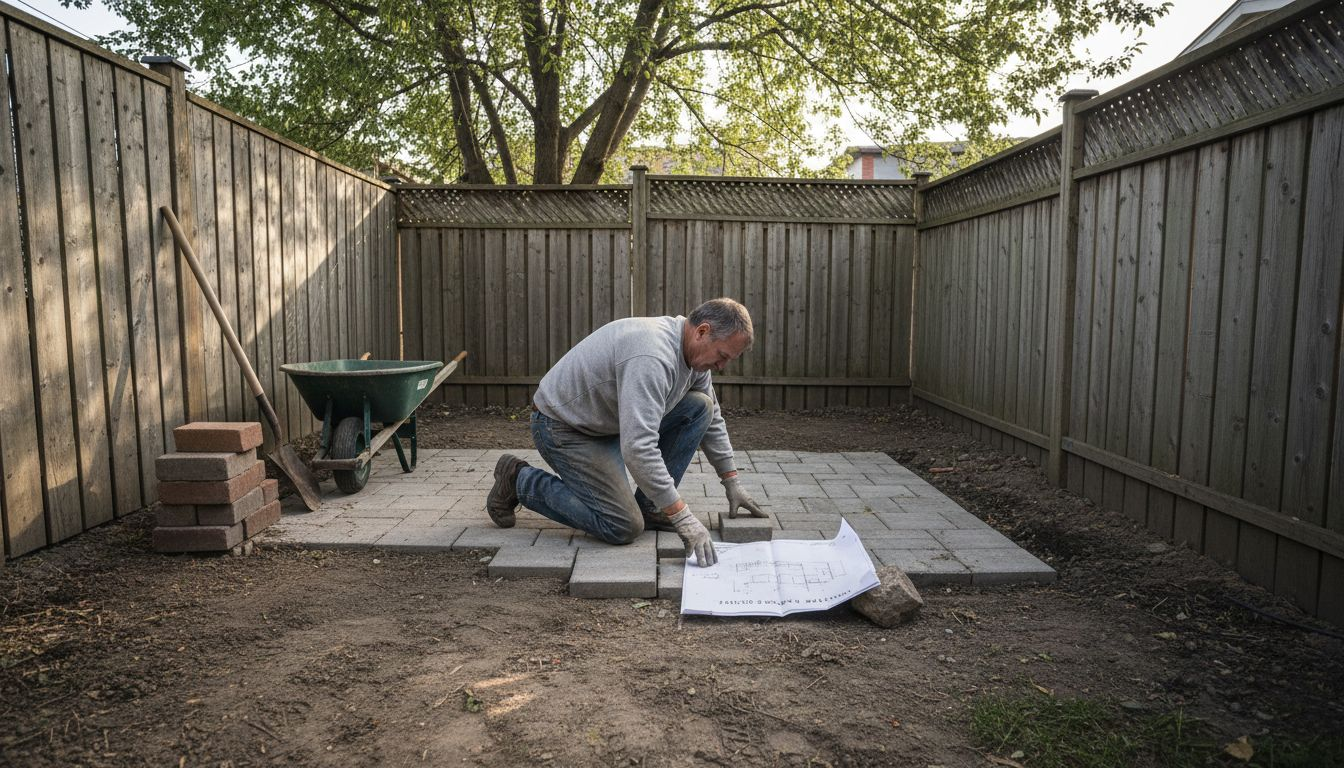 Homeowner installing backyard paver patio