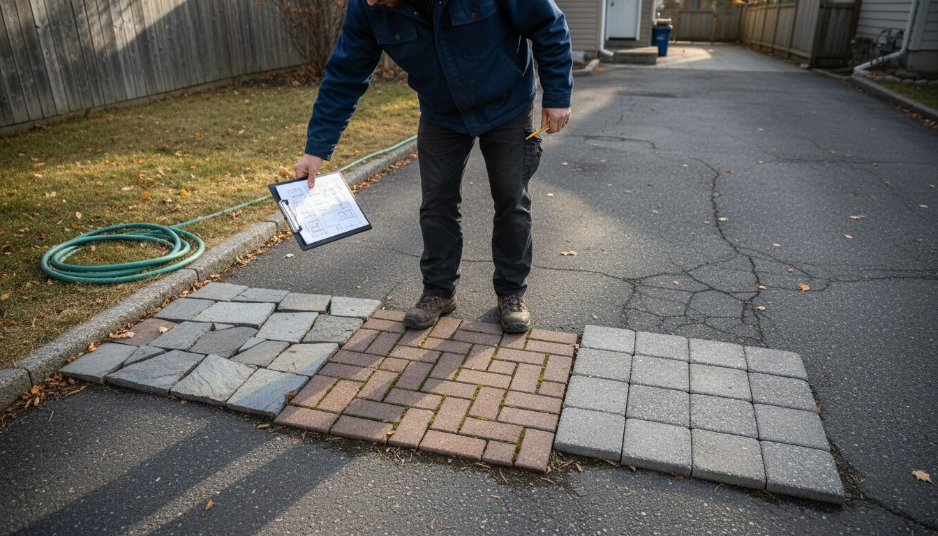 Landscaper comparing three paver samples