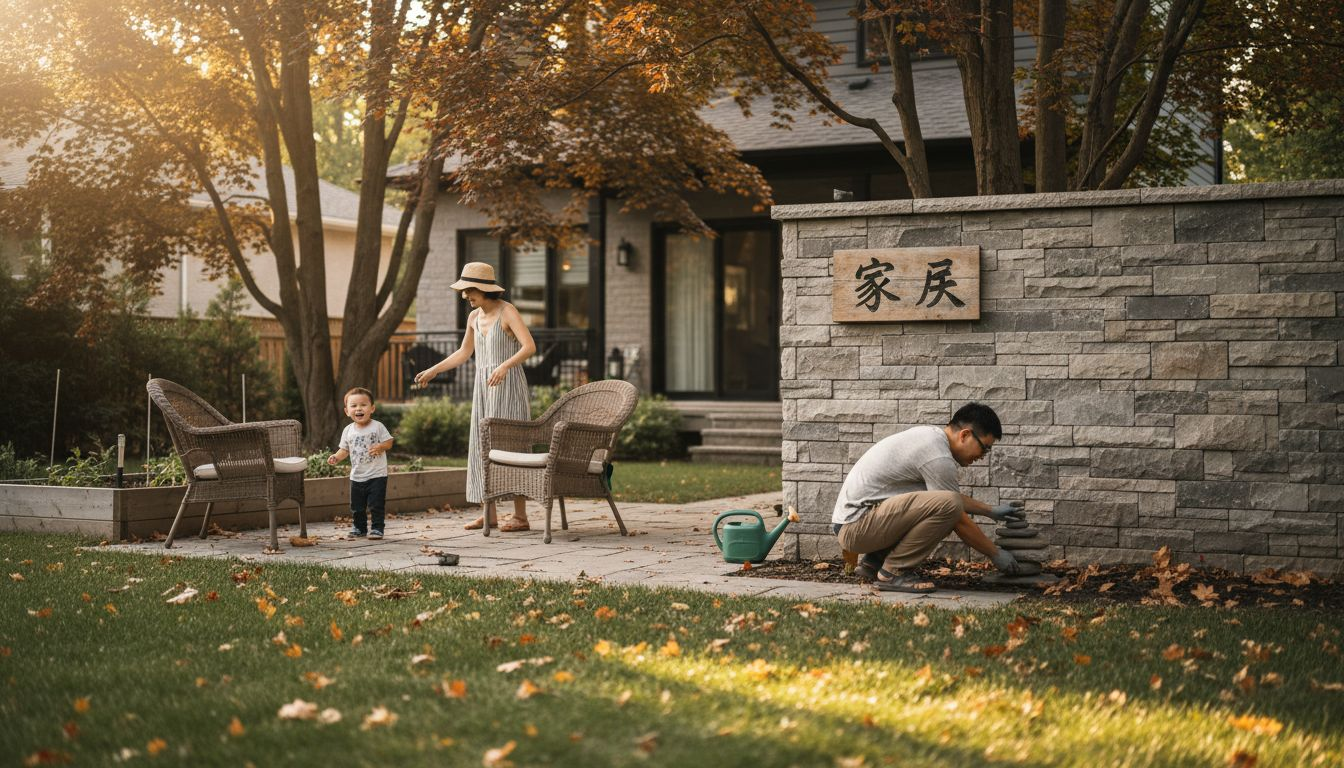 一家人在精心打理的后花园里，依靠着石墙，享受着温馨的家庭时光。