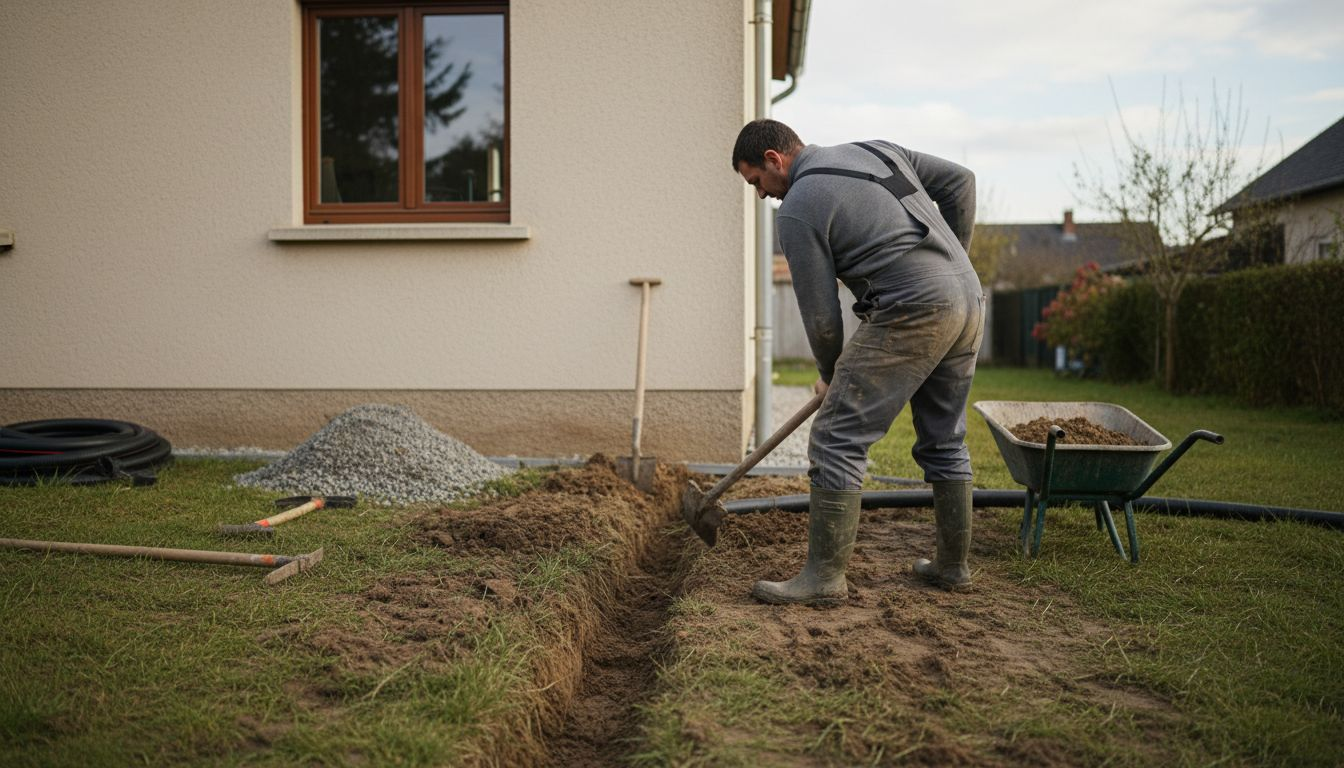 Un ouvrier paysagiste est en train de creuser une tranchée autour de la maison pour installer un système de drainage.