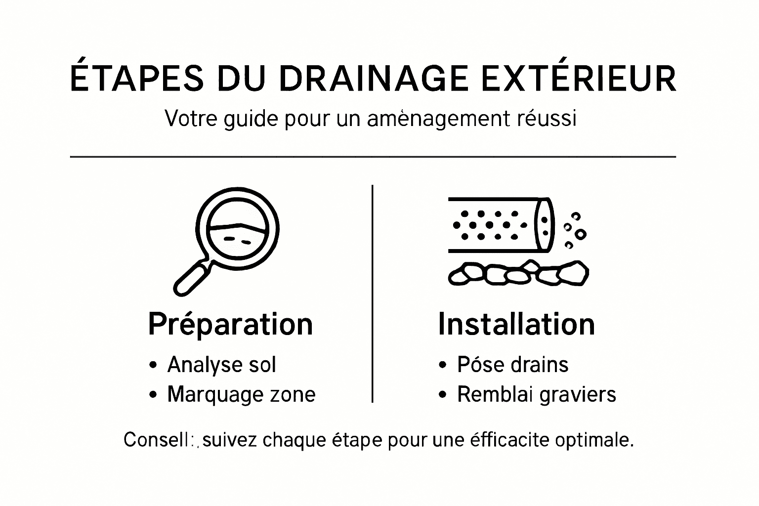 Schéma des différentes étapes pour réussir un drainage extérieur et bien préparer le terrain