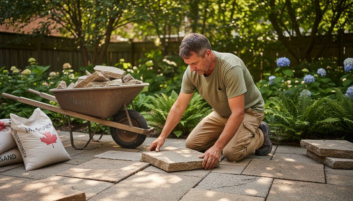 Worker installing stone pavers in garden