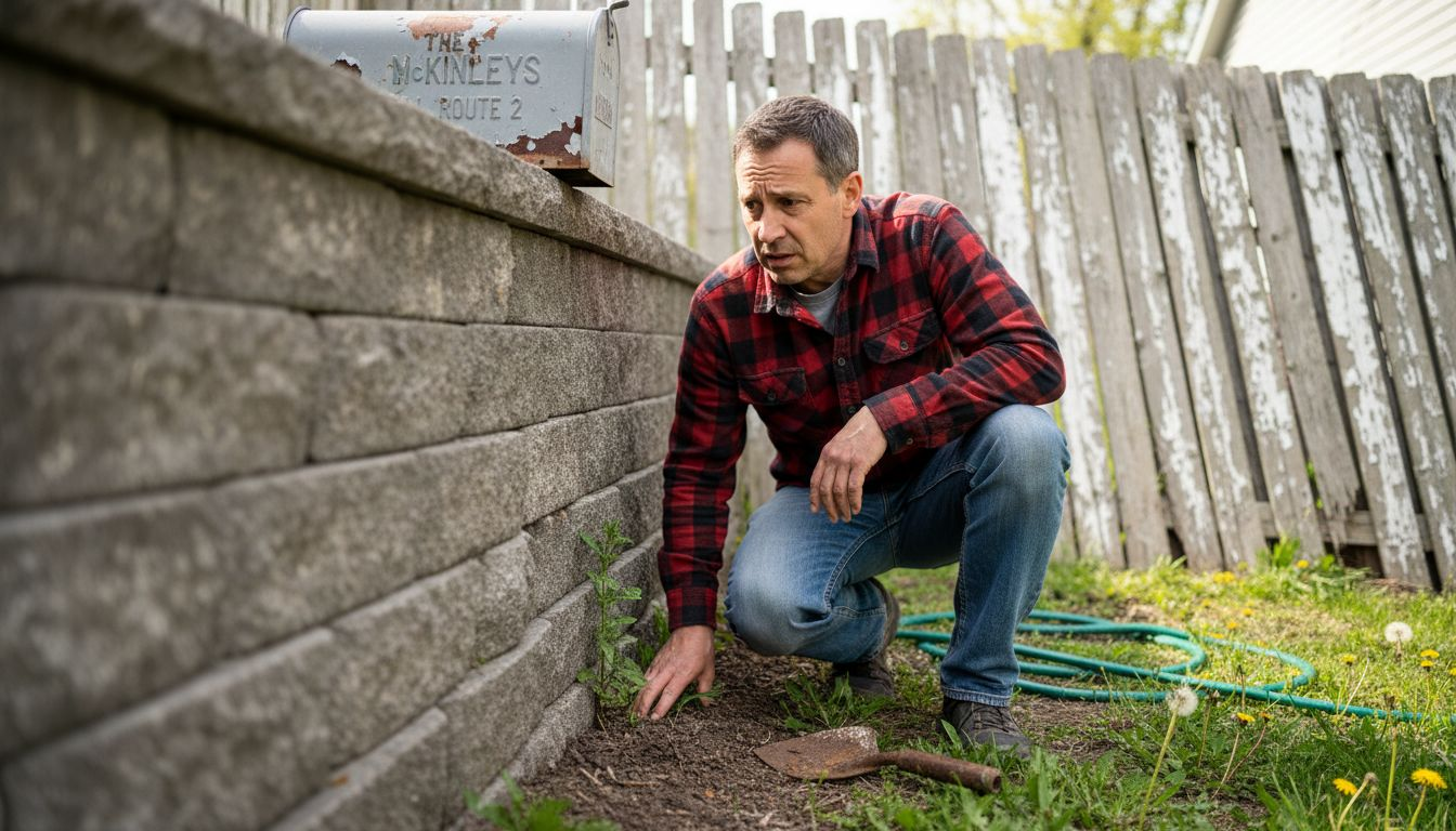 Homeowner inspecting stone gravity wall