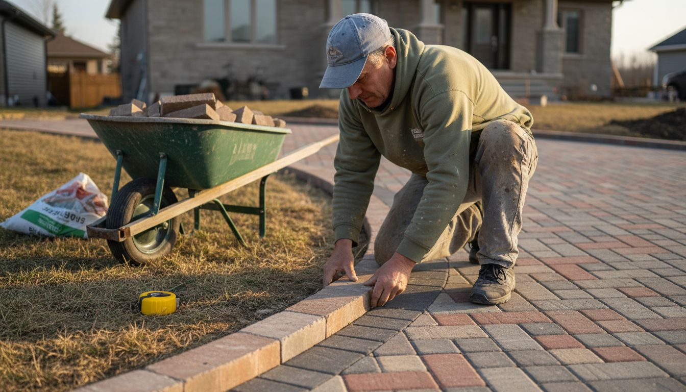 L'artisan procède à la remise en état des bordures du pavage décoratif de l'allée.
