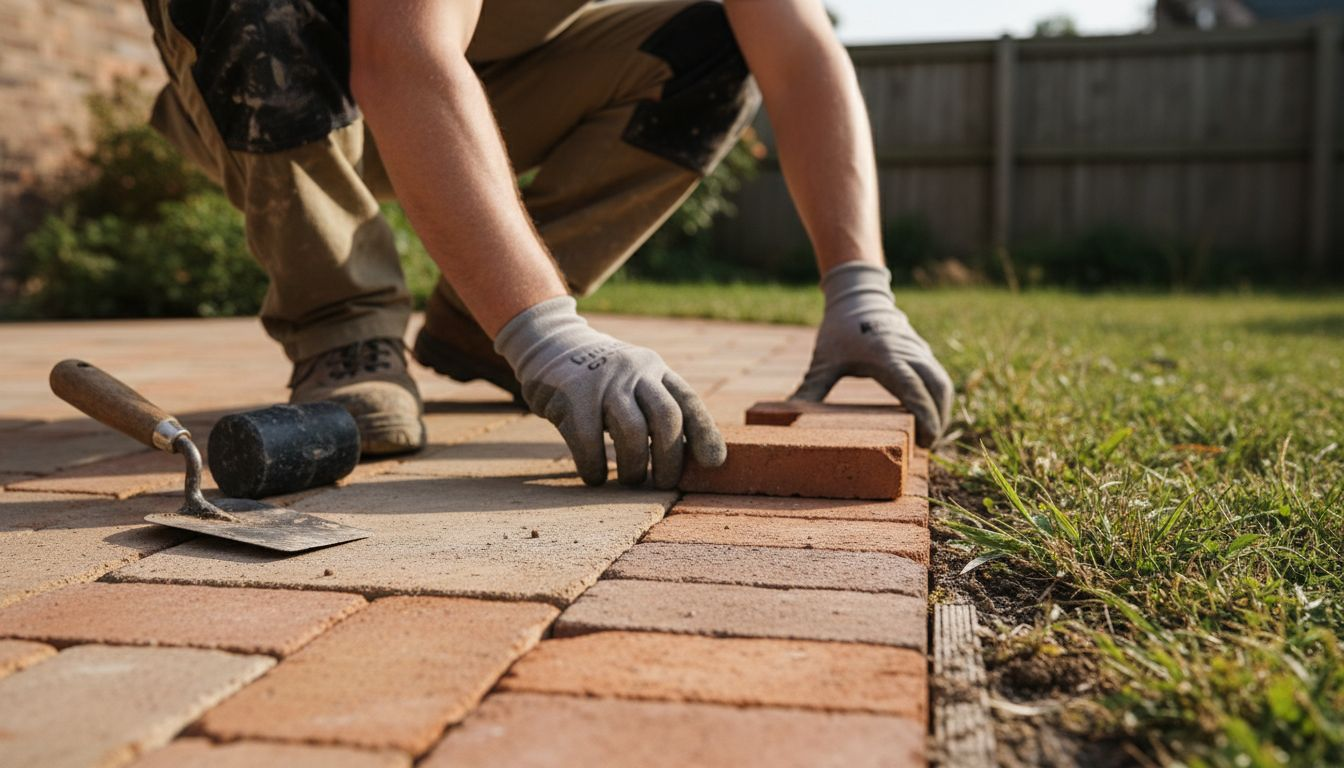 施工人员正在铺设红色陶土砖，打造户外休闲庭院。