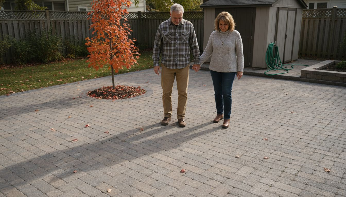 两个人正在欣赏新铺好的石砖露台。