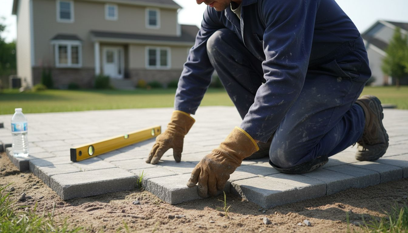 Un artisan en train de poser des dalles sur une terrasse
