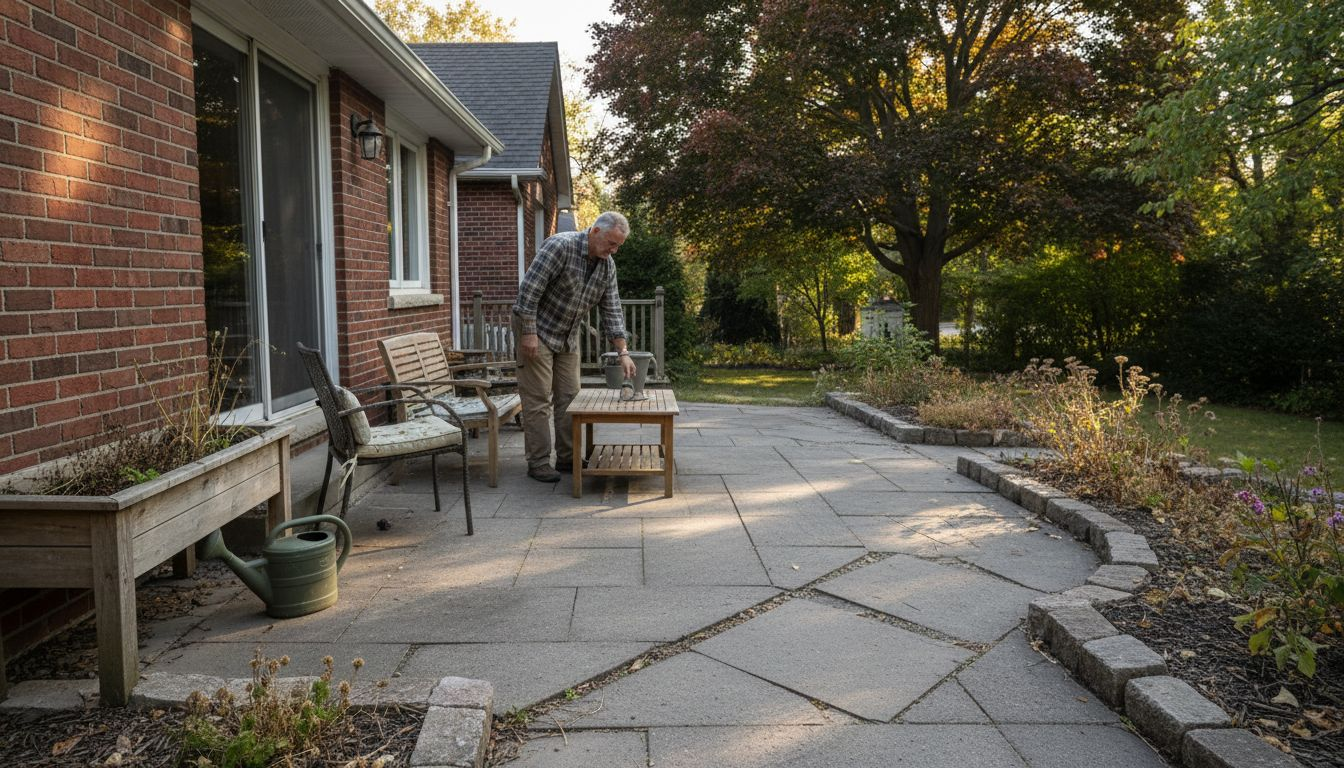 Un homme organise le mobilier sur une terrasse éco-responsable.