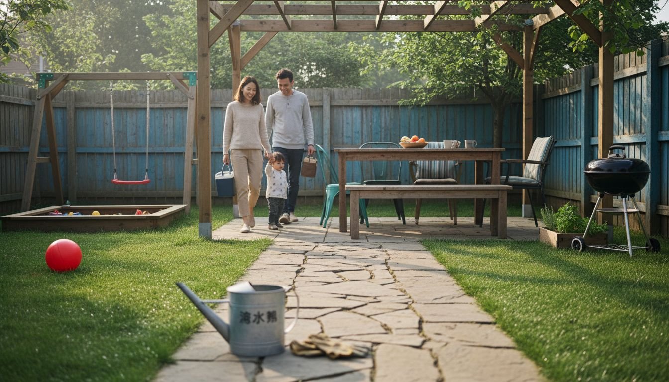 一家人漫步在划分好的户外活动区域中