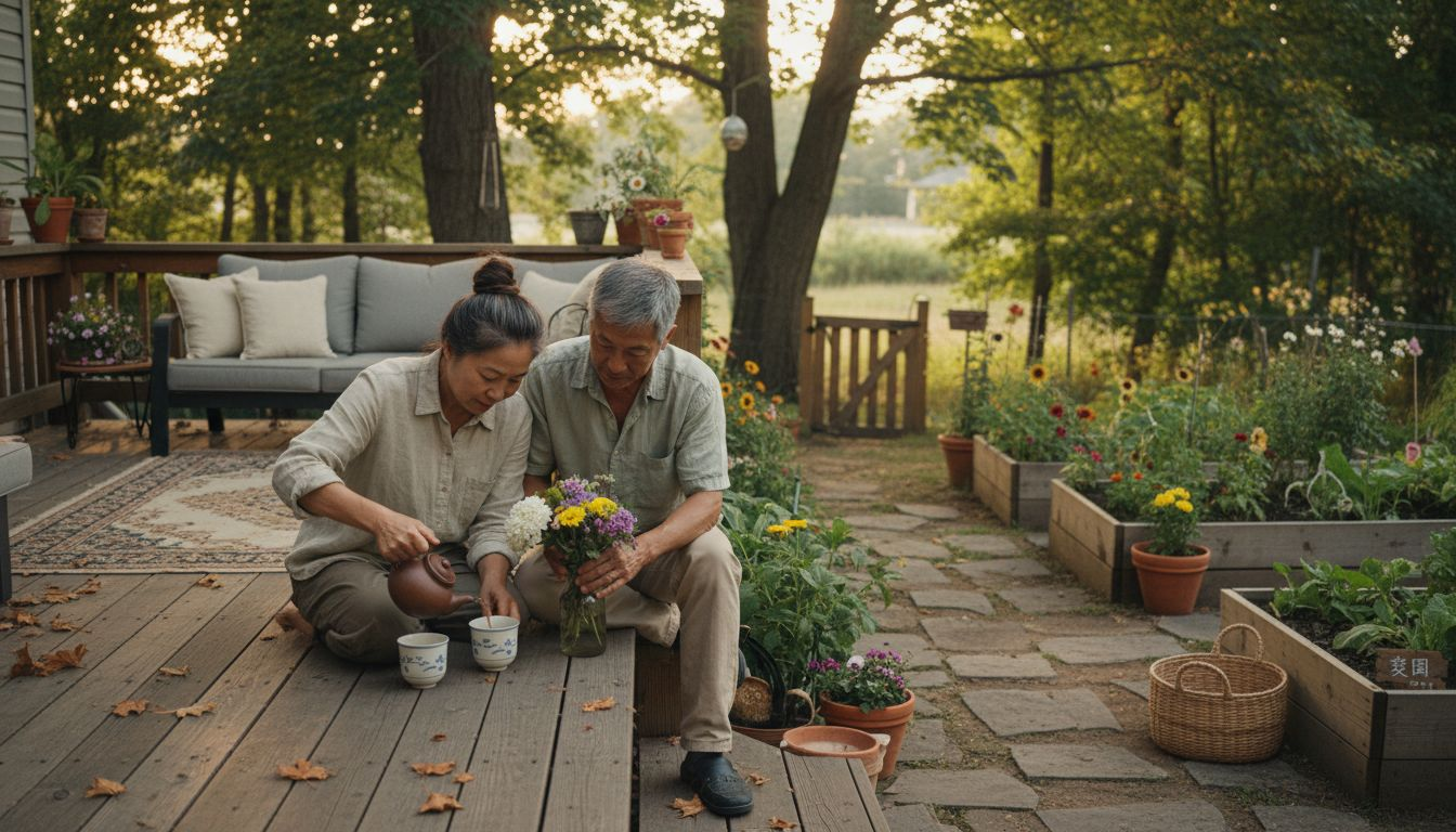 一对夫妻在自家后院享受着舒适实用的户外空间，悠闲自在地度过美好时光。