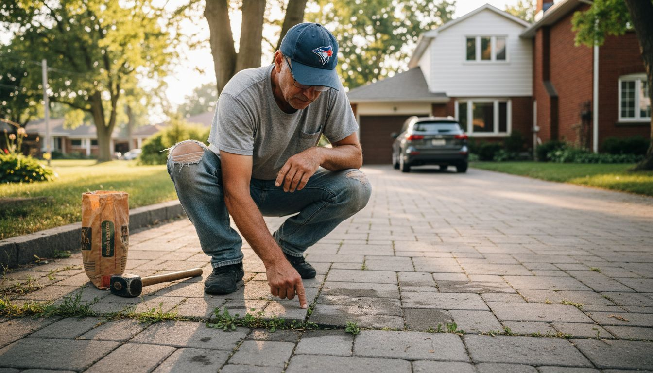 屋主正在查看自家院子的水泥砖地面铺设情况。