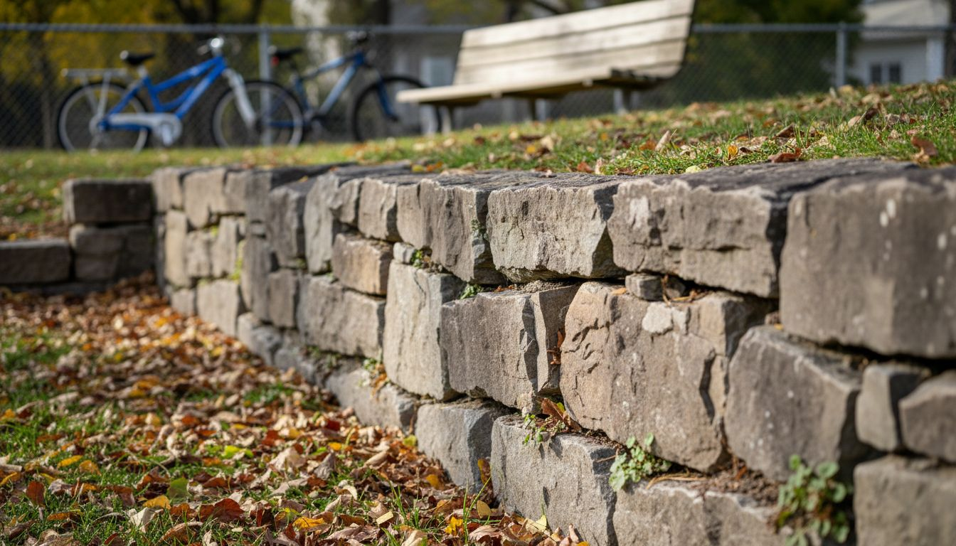 Detail of stone gravity retaining wall outdoors
