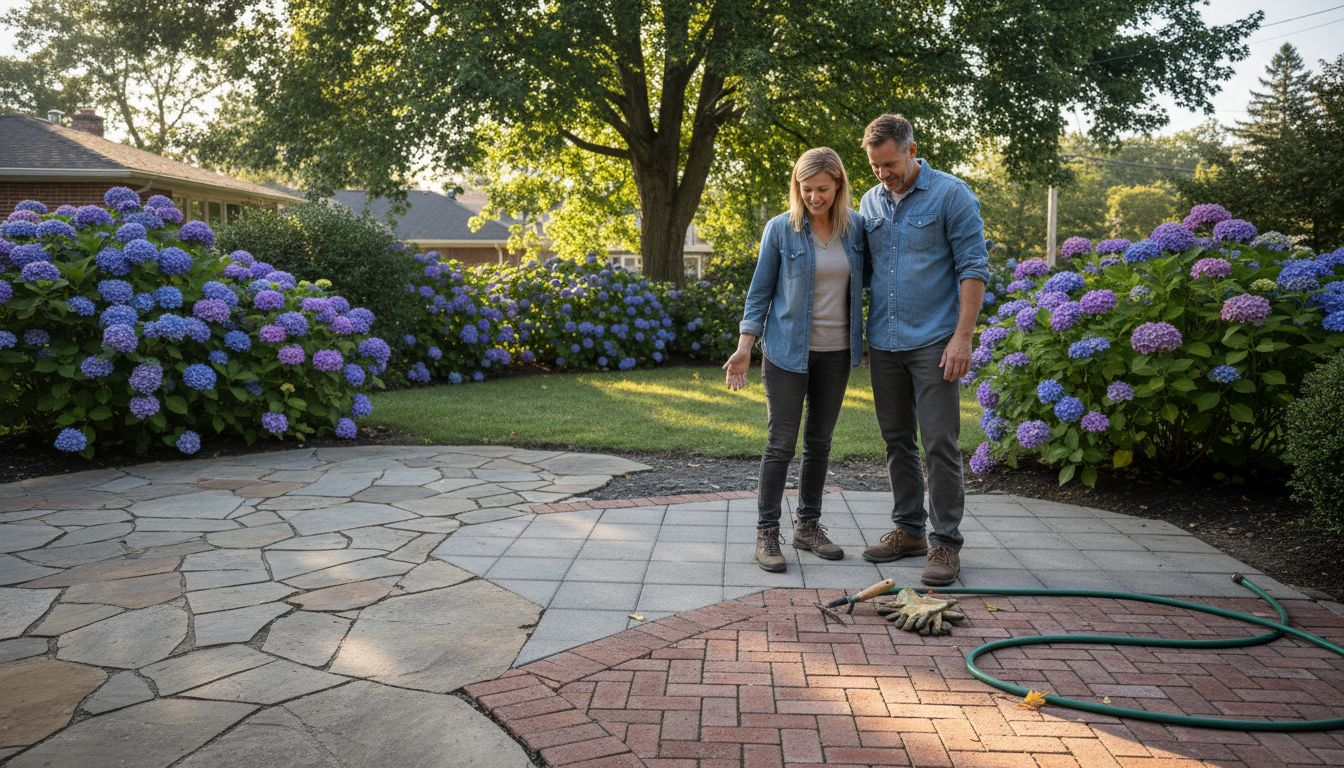 Un couple contemple leur terrasse de jardin, joliment aménagée avec différents types de pavés.