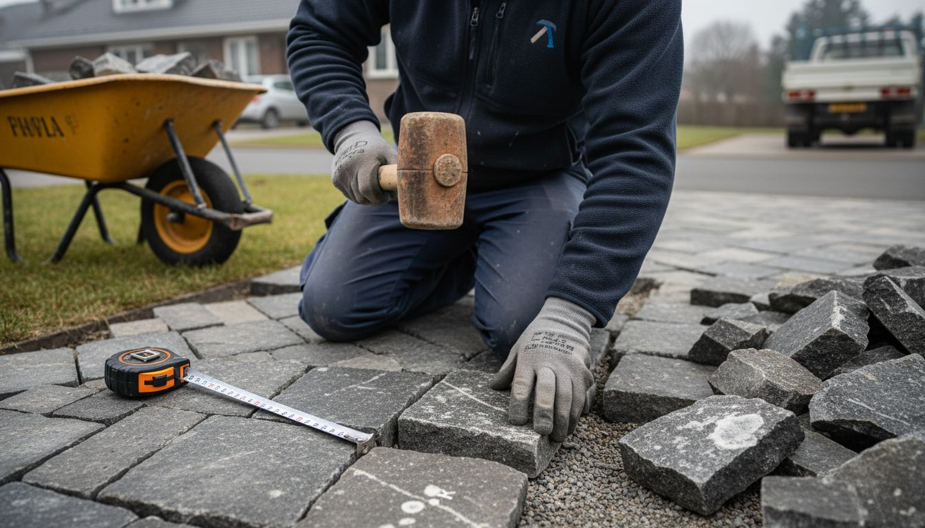 工人正在为车道铺设花岗岩地砖，认真施工，确保每一块都精确到位。