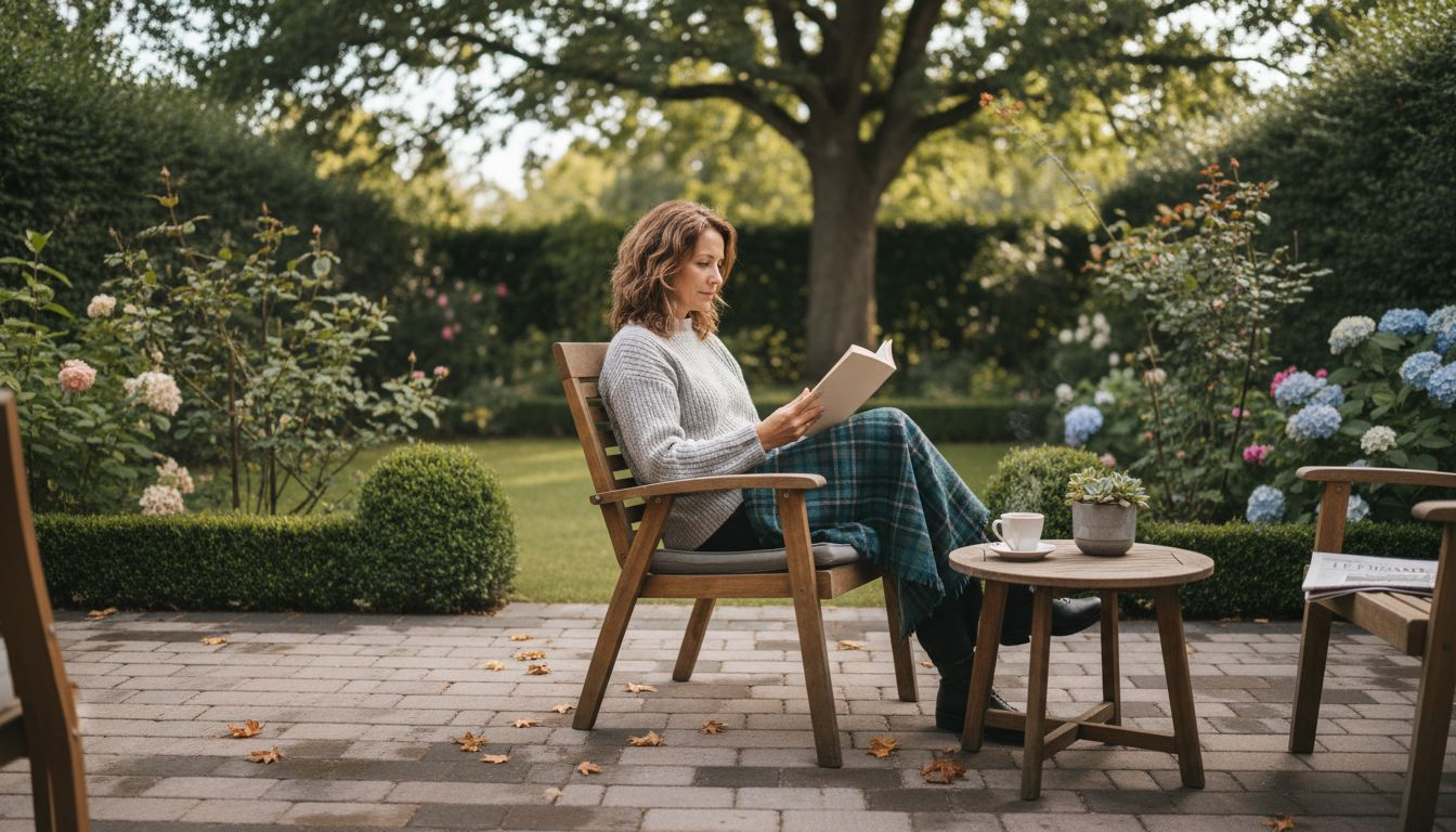 Une femme se détend sur une terrasse en pavés, profitant pleinement du confort et de la douceur de l’extérieur.
