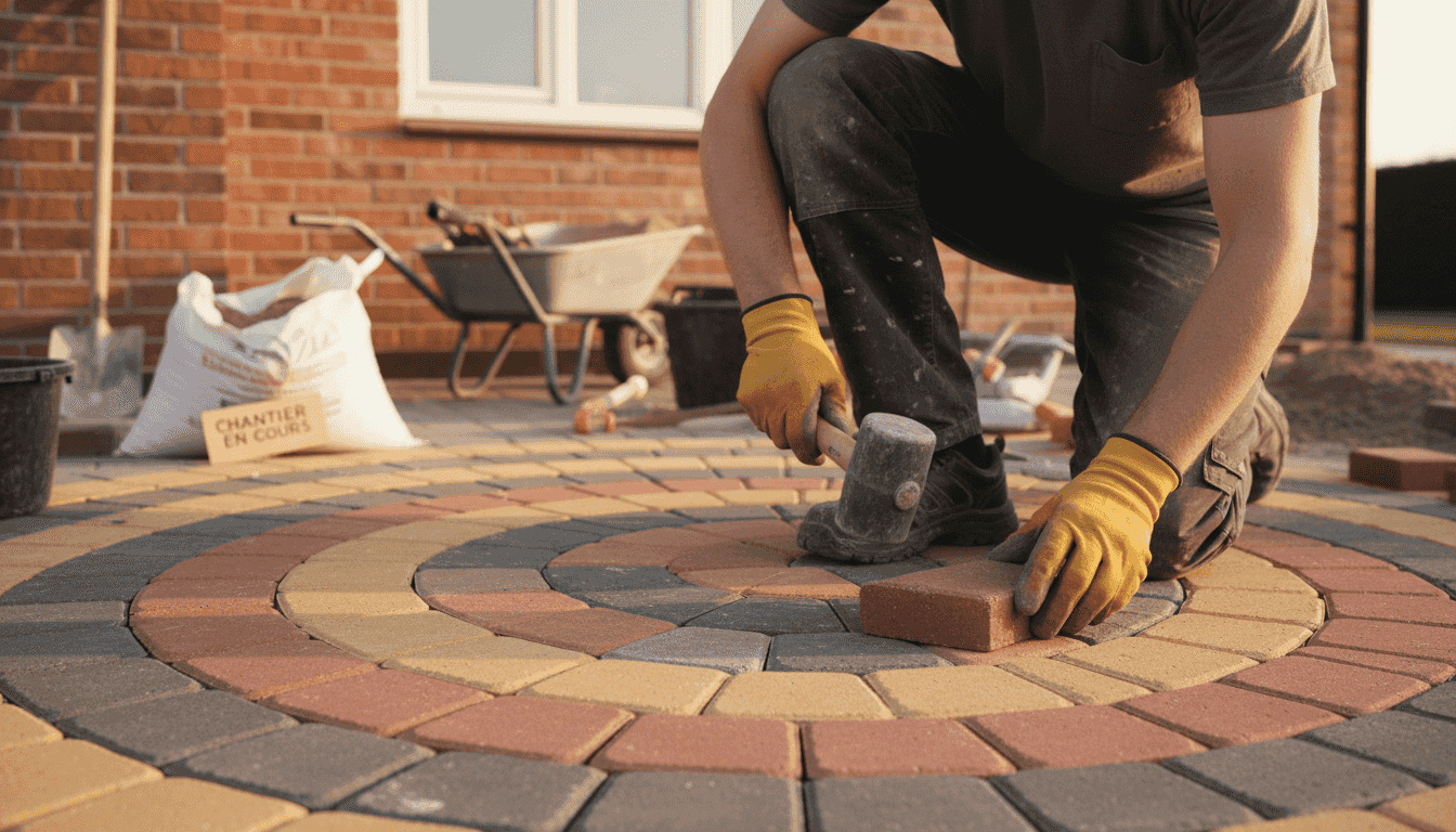 Réalisation d’un dallage en pavés autobloquants avec un motif original et soigné