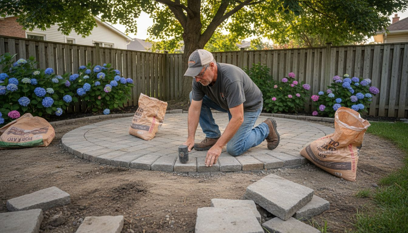 Man installing interlocking stone patio outdoors