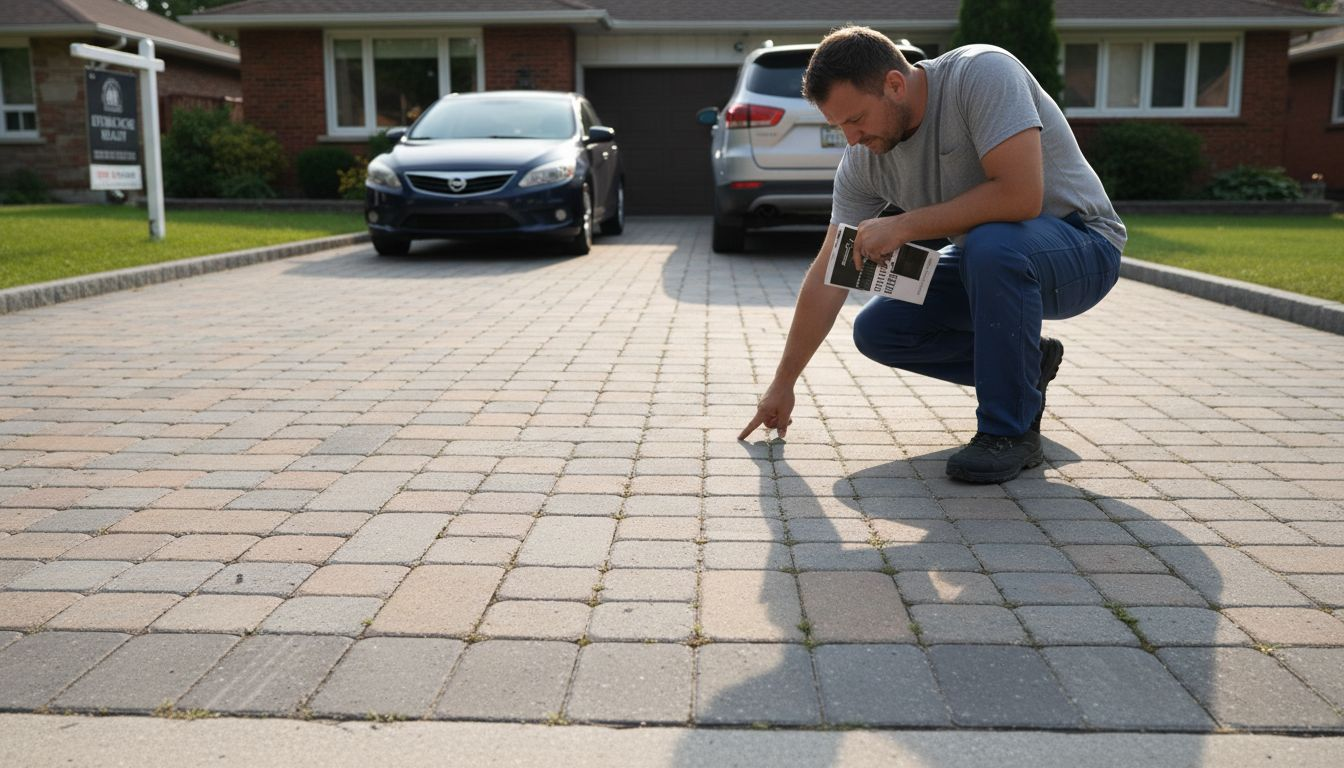 Contractor checks concrete interlocking driveway install