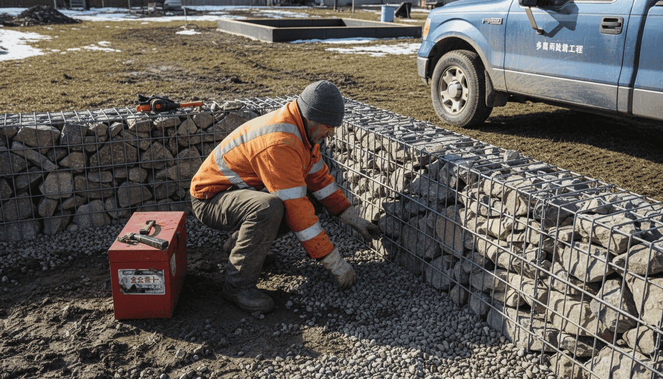 工人冬季户外检查护墙现场