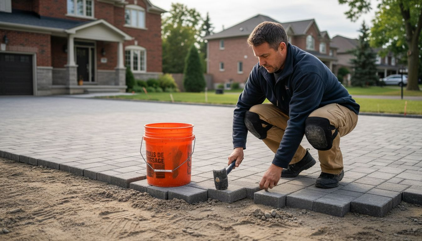 Pose de pavés imbriqués pour aménagements extérieurs résidentiels, réalisée par des professionnels