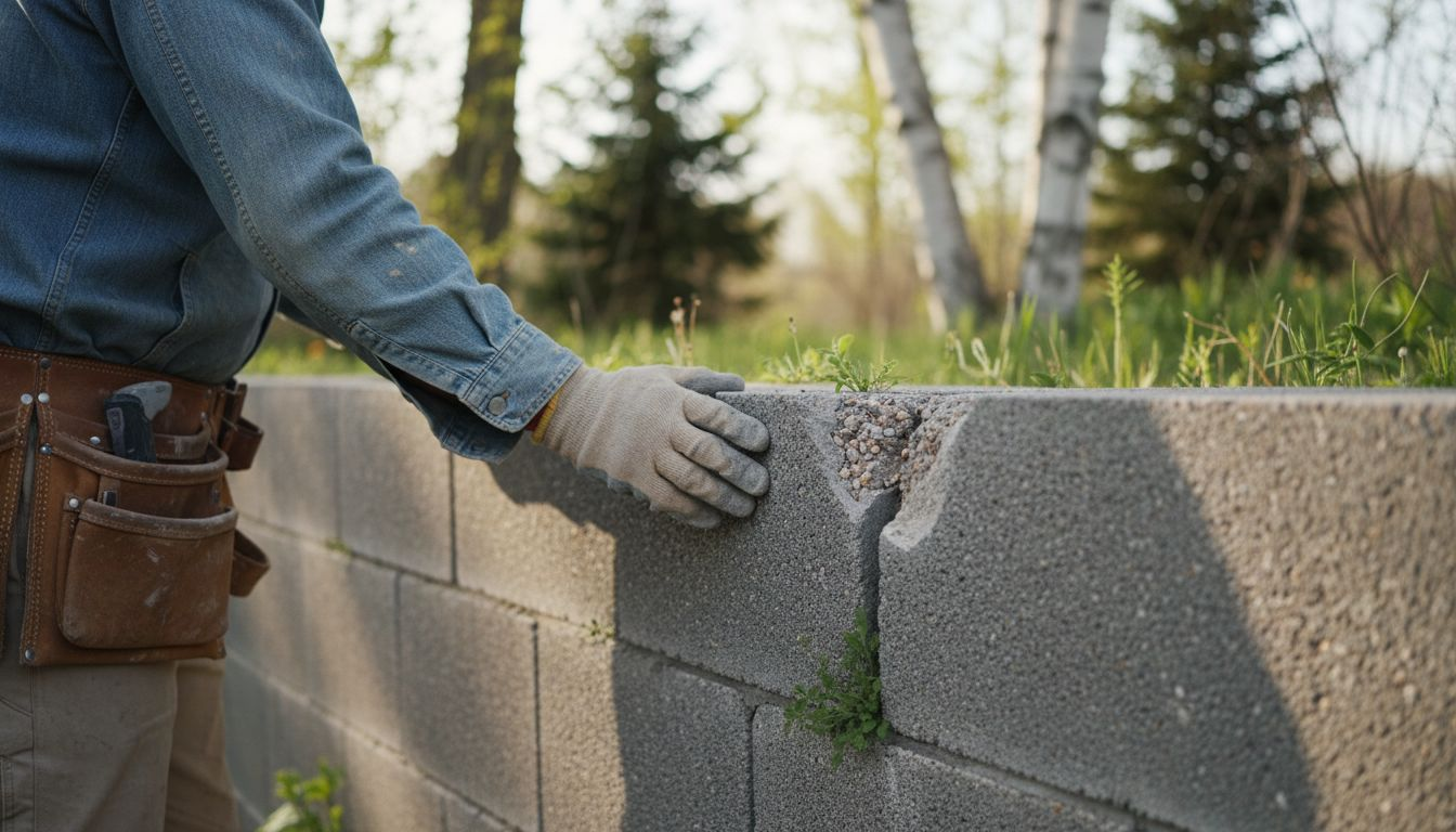 Worker inspects aging concrete block wall