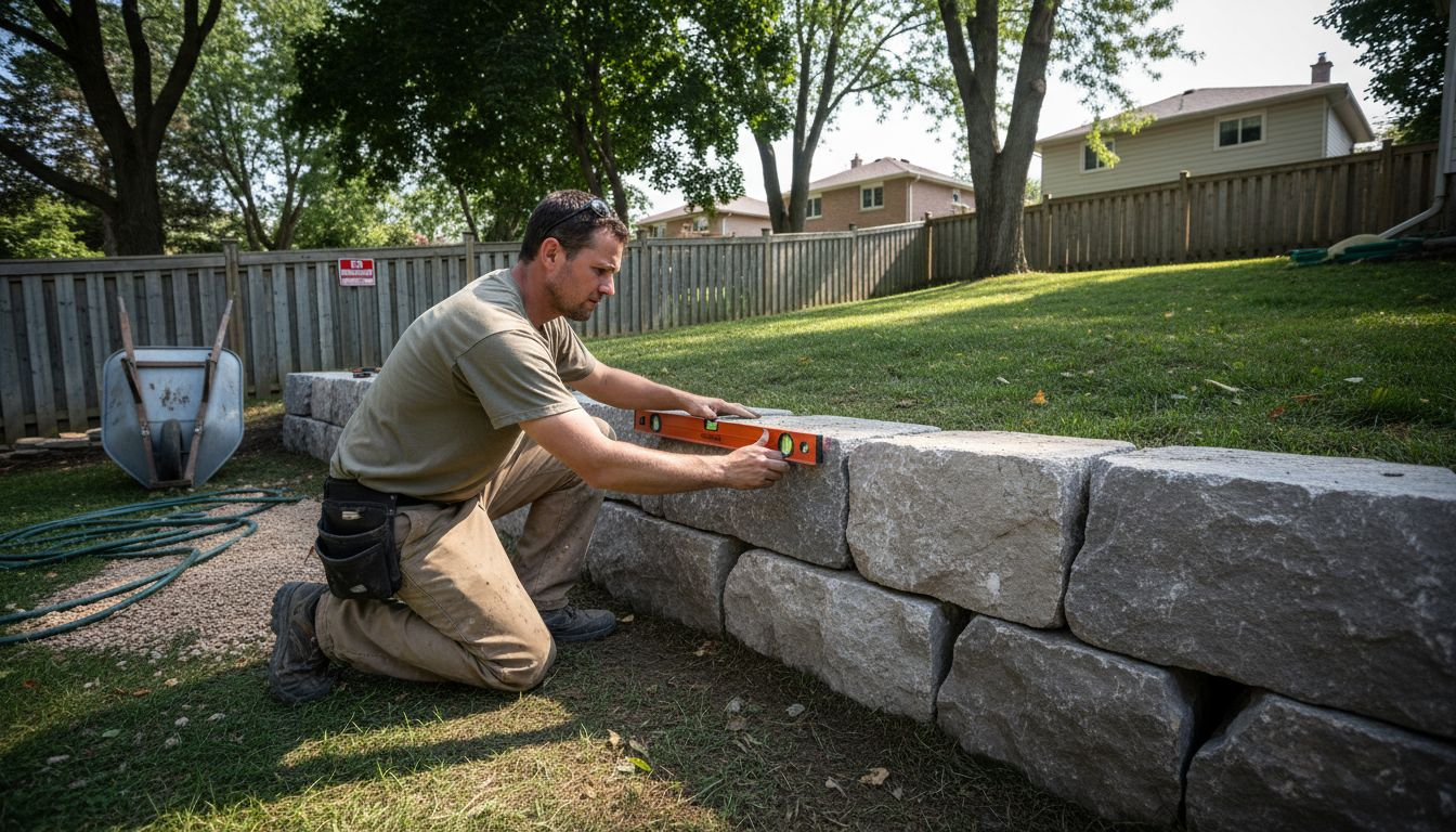 Contractor checks new natural stone retaining wall
