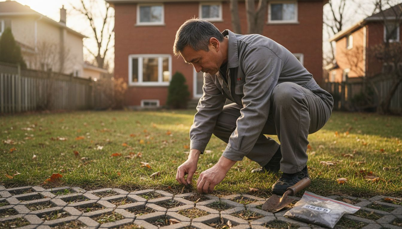 园艺师正在细致查看透水砖铺设效果，并关注草坪的生长情况。
