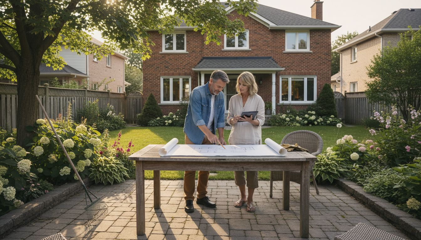 Un couple réfléchit à l’aménagement de leur terrasse et envisage d’y poser un revêtement en pavés autobloquants.