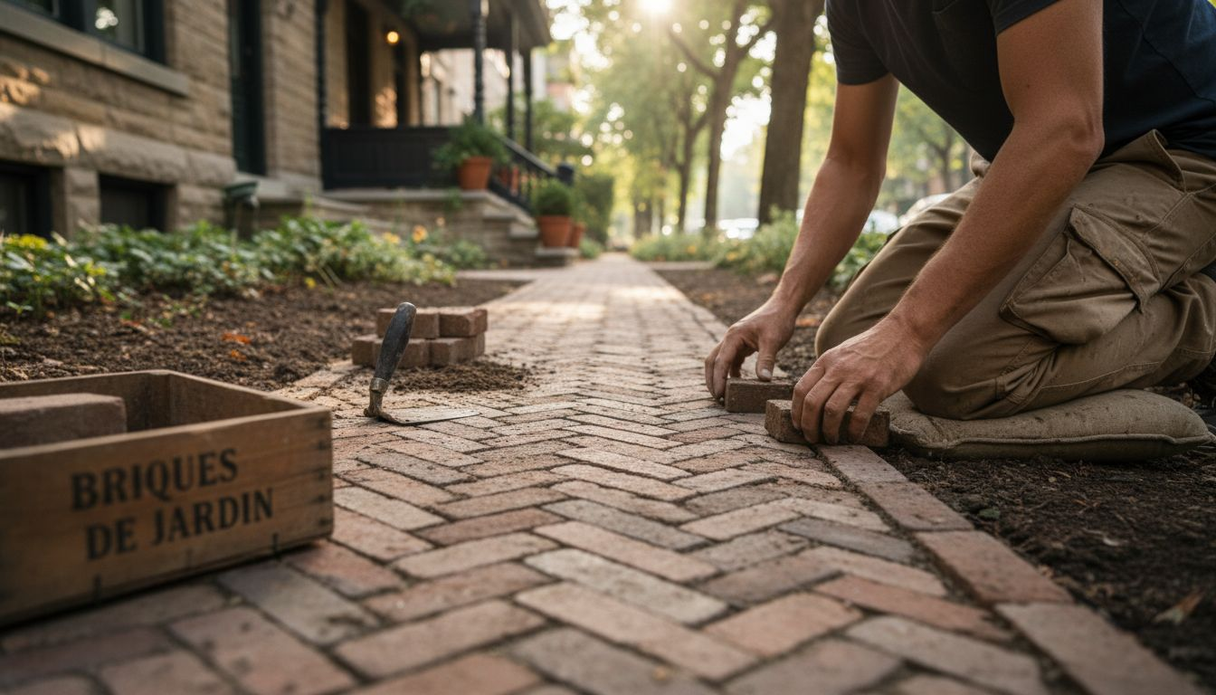 Un paysagiste en train de poser une allée en pavés de briques.