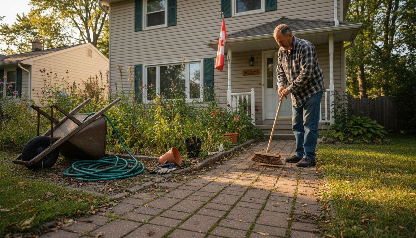 Homeowner sweeping debris from outdoor paver walkway