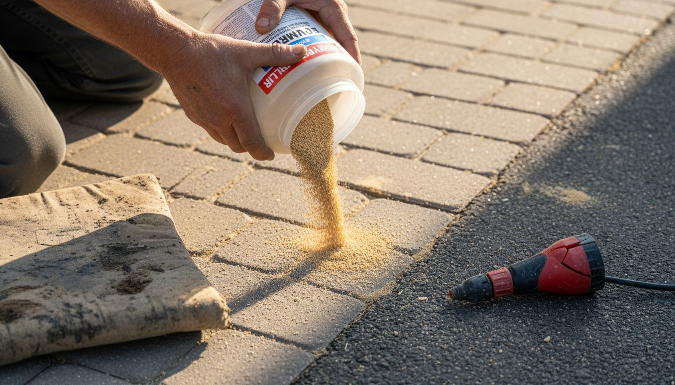Pouring polymeric sand between worn paver gaps