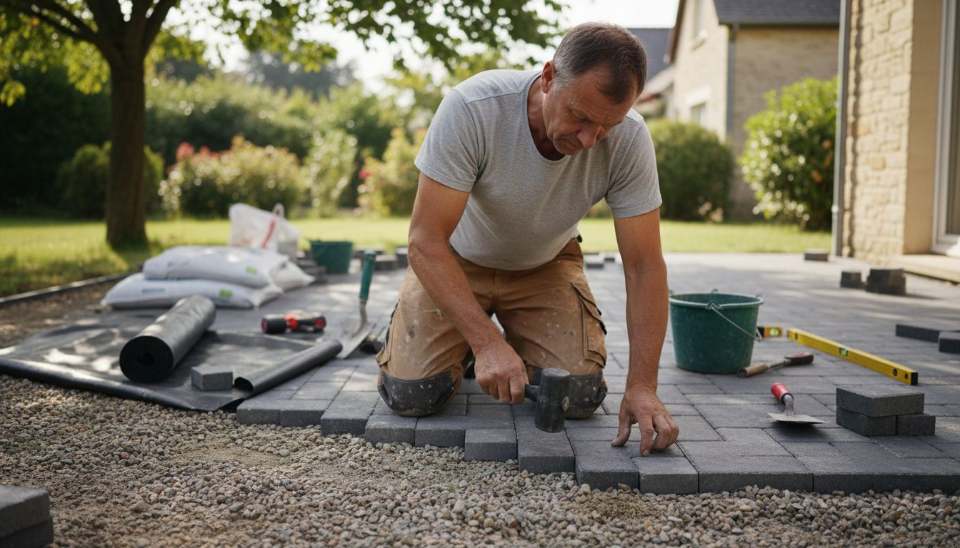 Un artisan en train d’installer des pavés sur une terrasse extérieure.