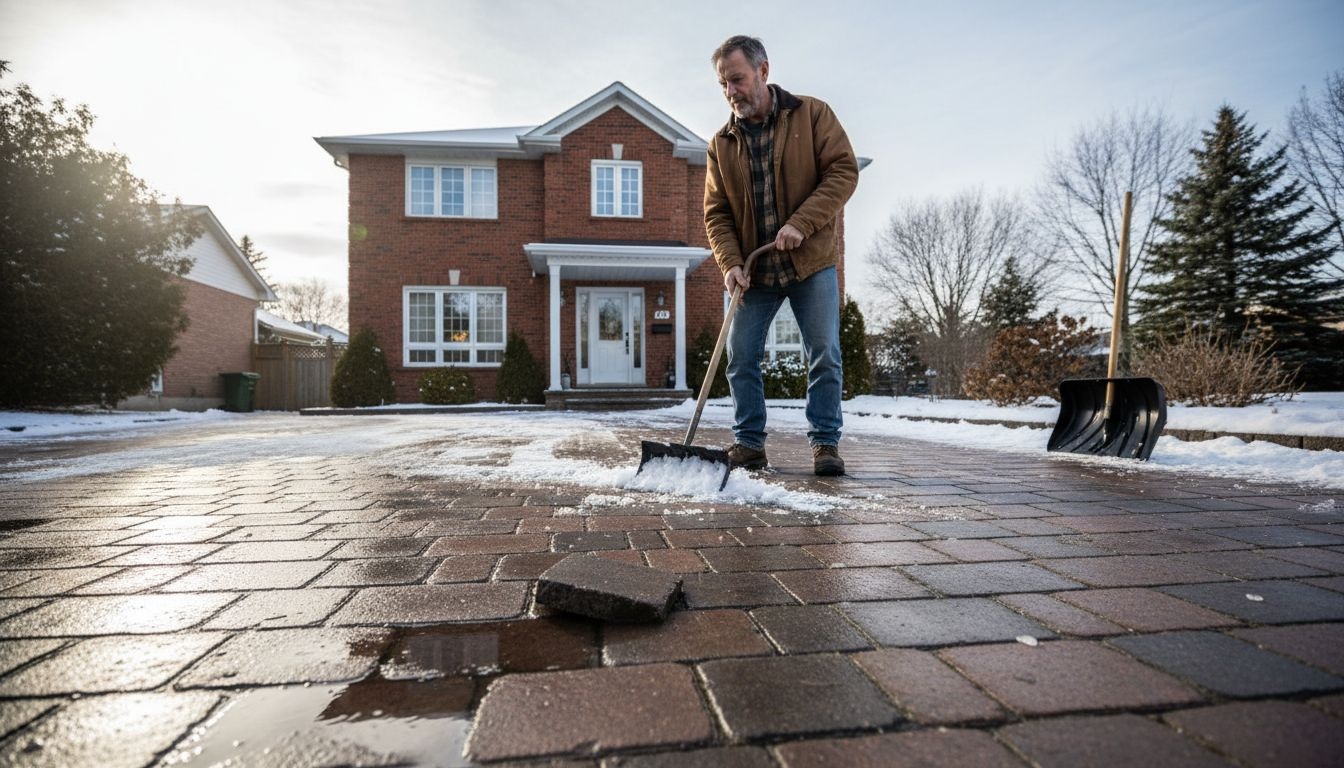 Homeowner clears snow from premium paver driveway