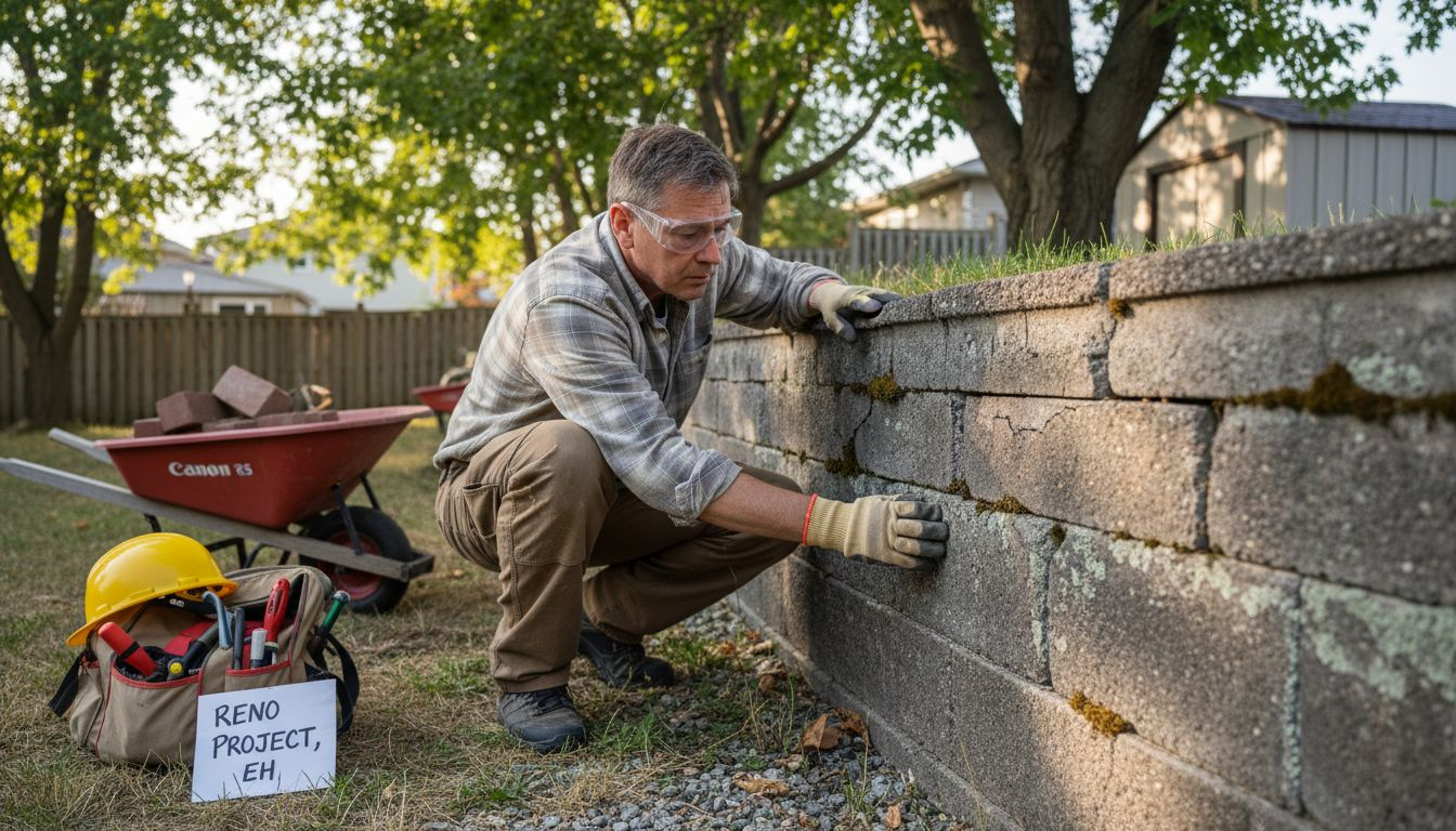 Homeowner inspecting backyard retaining wall for safety