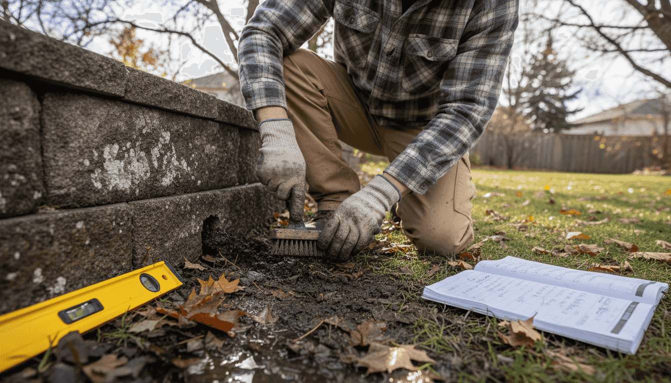 Contractor cleaning drainage weep hole on retaining wall