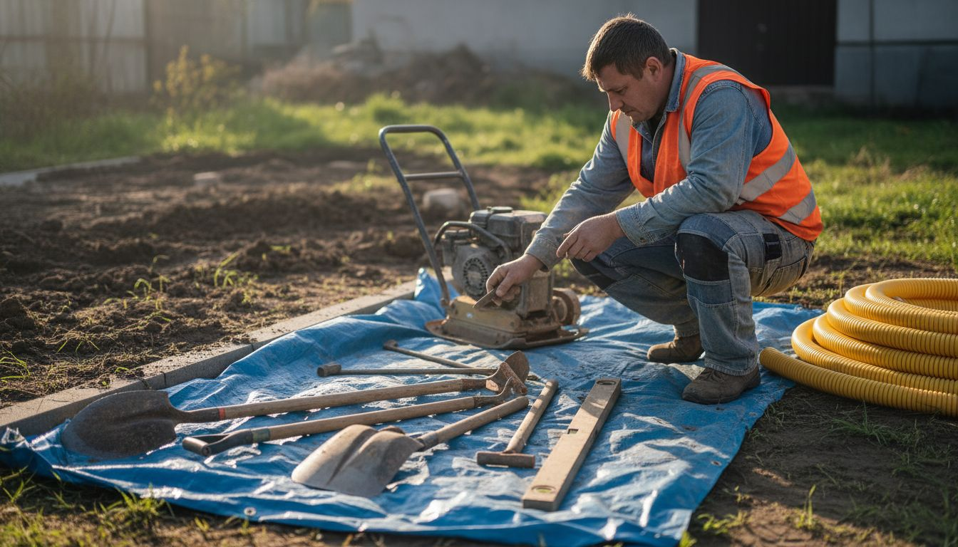 工地上的工人们正在为挡土墙施工做工具准备，确保后续作业顺利进行。